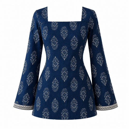 Women’s Navy Blue Printed Bell-Sleeve Kurti