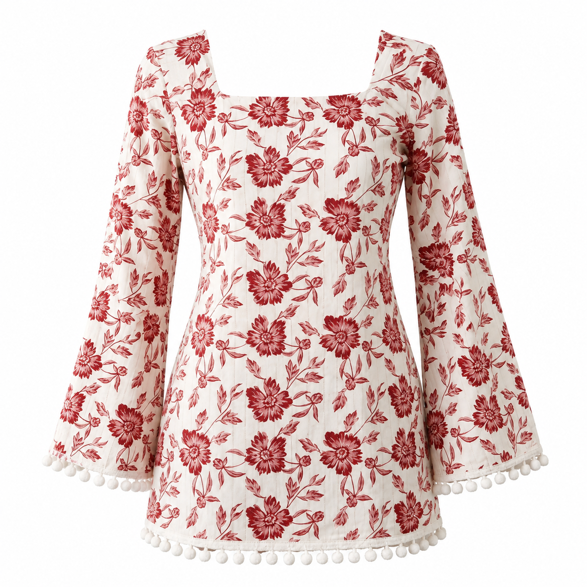 Women’s Floral Bell-Sleeve Pom-Pom Kurti