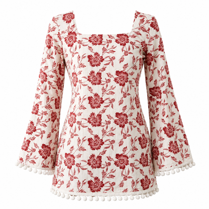 Women’s Floral Bell-Sleeve Pom-Pom Kurti