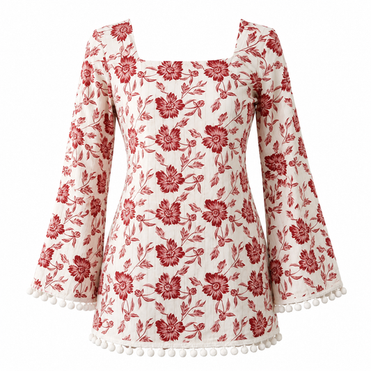 Women’s Floral Bell-Sleeve Pom-Pom Kurti