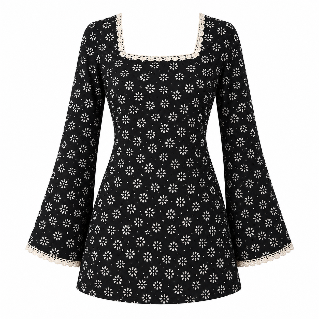 Women’s Black Floral Bell-Sleeve Kurti