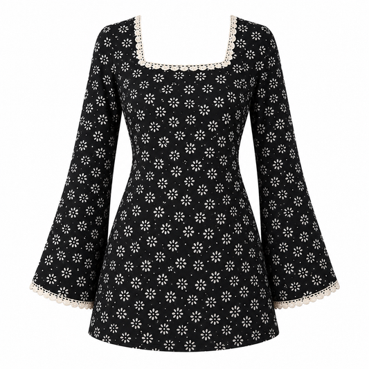 Women’s Black Floral Bell-Sleeve Kurti