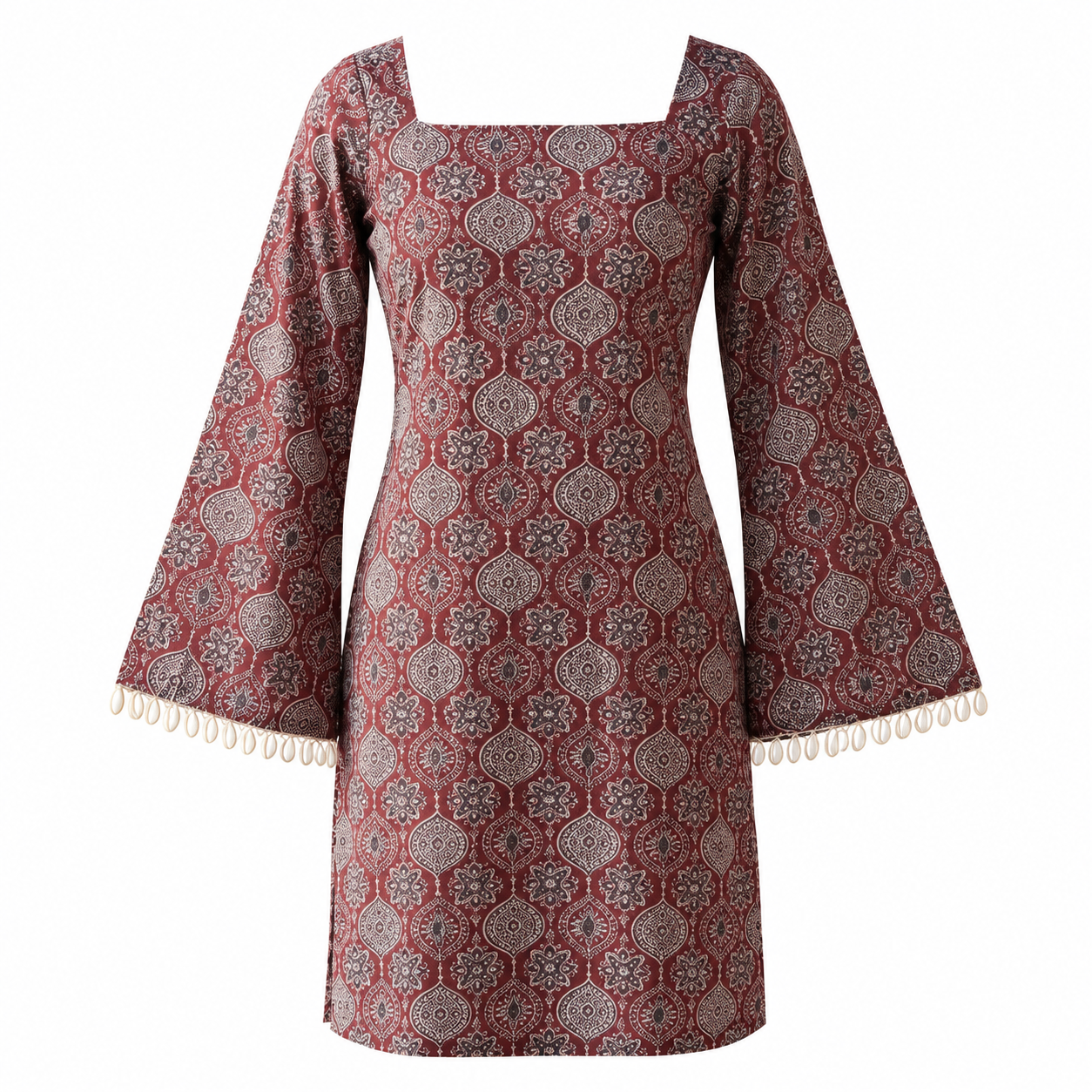 Women’s Maroon Printed Bell-Sleeve Kurti