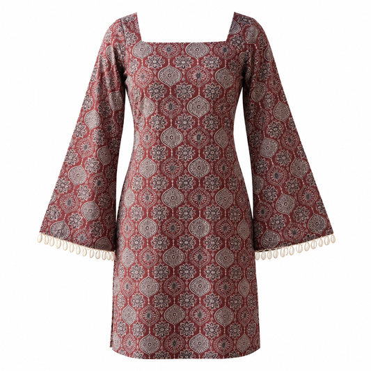 Women’s Maroon Printed Bell-Sleeve Kurti
