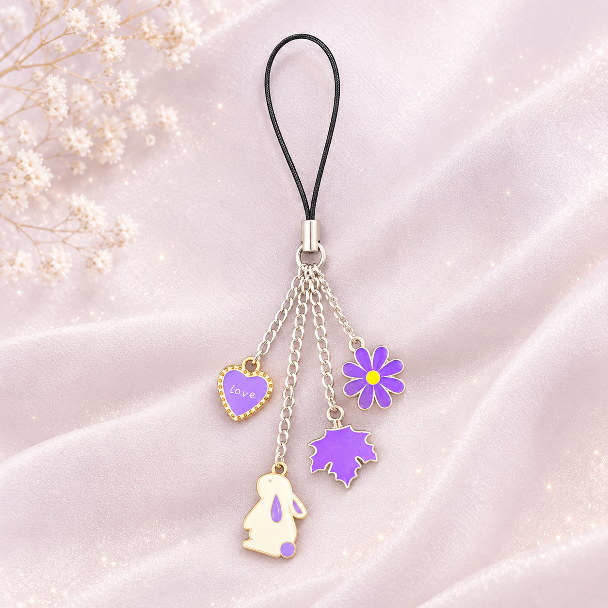 Purple Charm Phone Strap – Cute Bunny & Flower Pendant