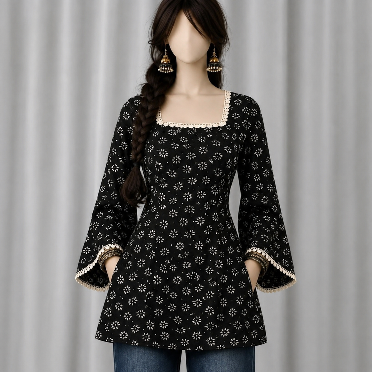 Women’s Black Floral Bell-Sleeve Kurti