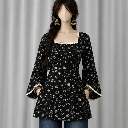 Women’s Black Floral Bell-Sleeve Kurti