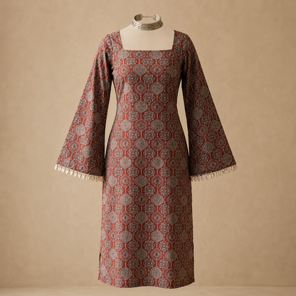 Women’s Maroon Printed Bell-Sleeve Kurti