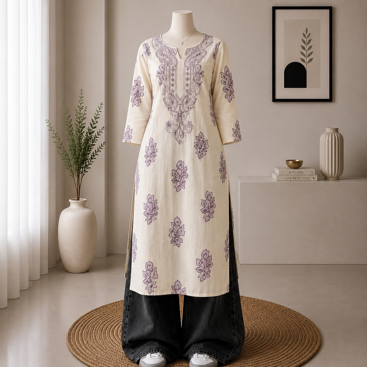 Women’s Ivory Floral Embroidered Kurti