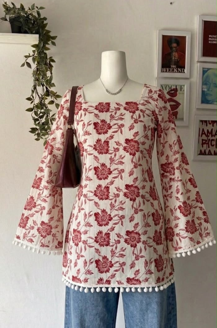 Women’s Floral Bell-Sleeve Pom-Pom Kurti